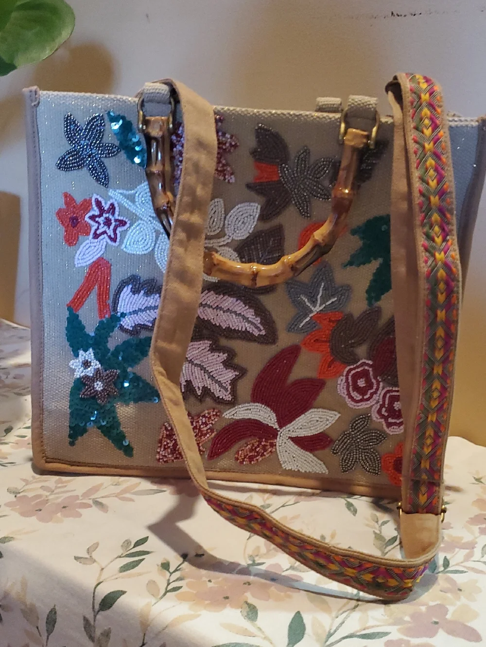 AMERICA AND BEYOND Beaded Floral Tote Bag with Bamboo Handles - Beige Multicolor - Picture 2 of 6